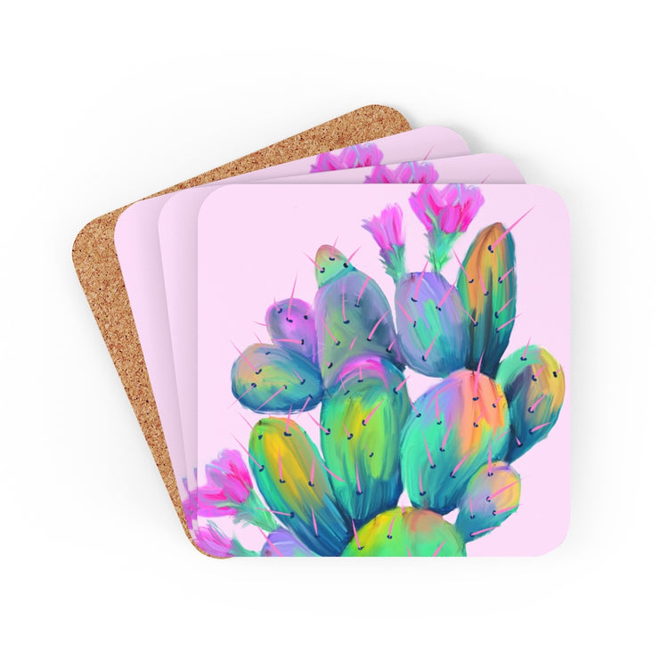 Pink Prickly Pear Corkwood Coaster Set